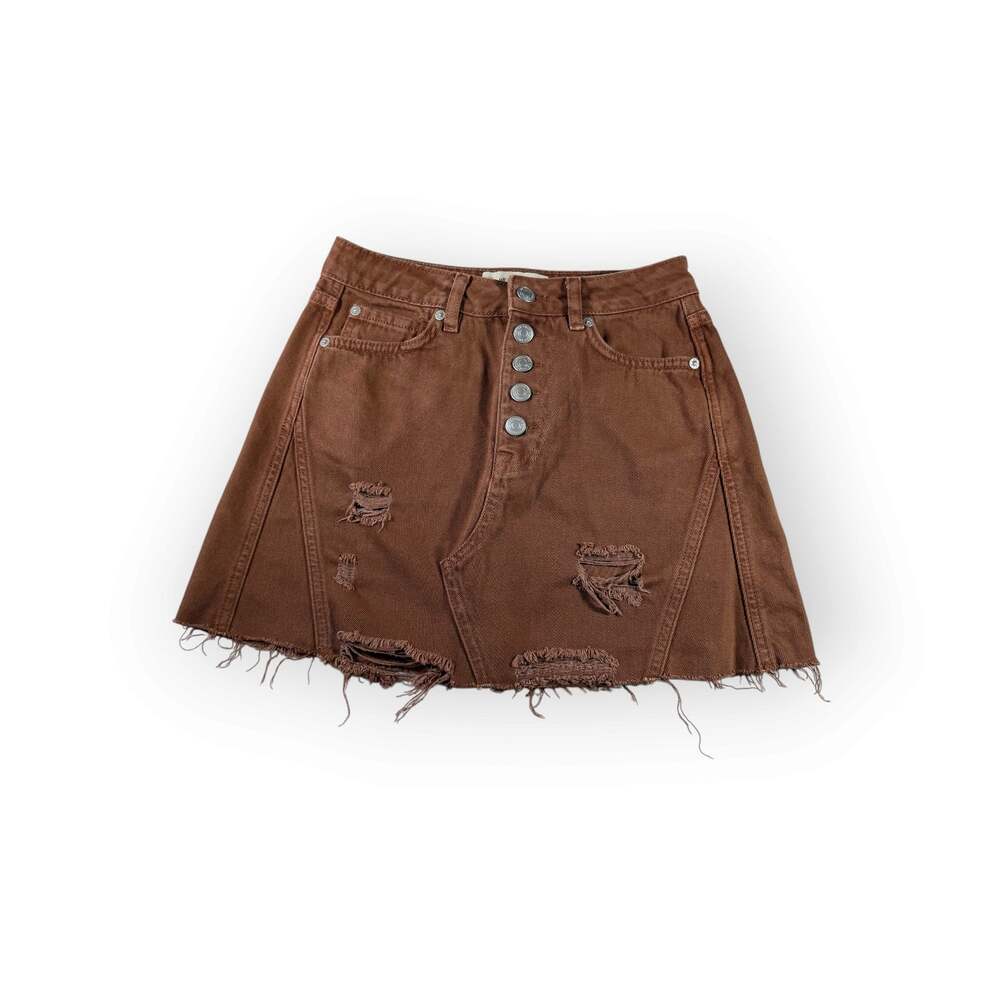 WE THE FREE PEOPLE Skirt 24 Brown Camel Denim Distressed Mini Fall Cozy 5 Button